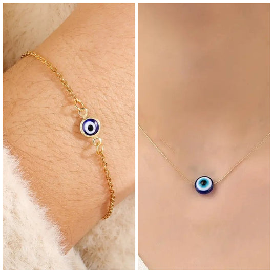 Evil Eye Bracelet + Necklace - Pack of 2 - Gold Color